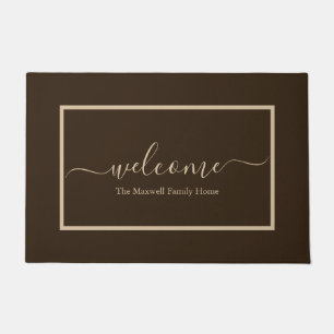 Elegant brown taupe script family name welcome  doormat