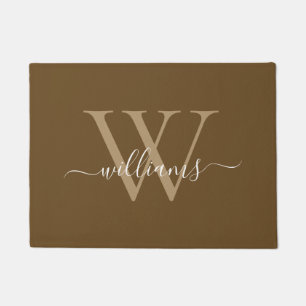 Elegant Brown White Custom Monogram Script Name Doormat
