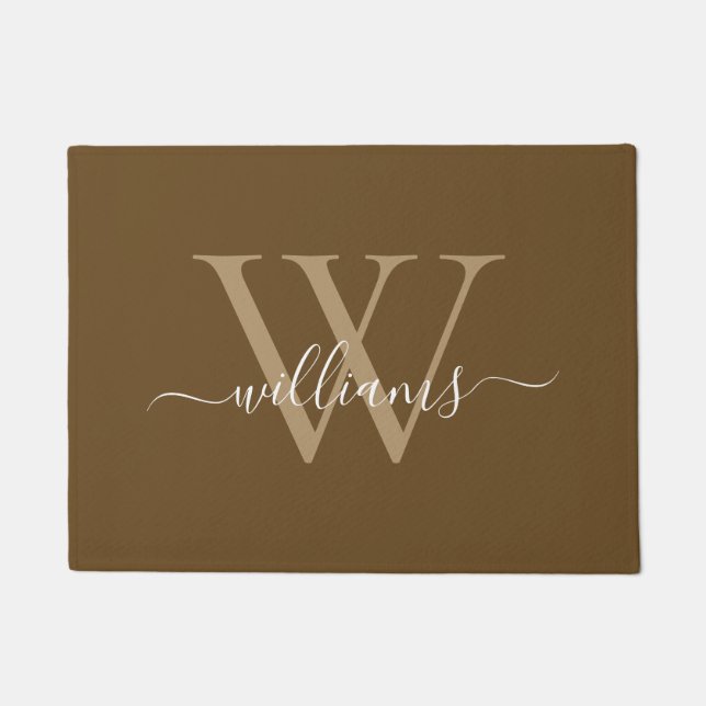 Elegant Brown White Custom Monogram Script Name Doormat (Front)