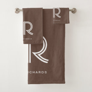Elegant brown white monogram name  bath towel set