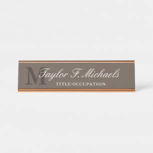 Elegant Brown White Monogram & Name Desk Name Plate