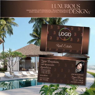 Elegant Brown with Logo Photo and Monogram Pattern Business Card