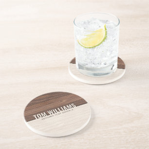 Elegant Brown Wood Texture Modern Style Monogram Coaster