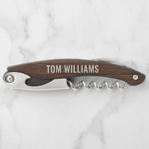 Elegant Brown Wood Texture Modern Style Monogram Corkscrew