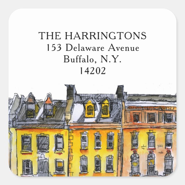 Elegant Brownstone Row Houses Hand-Drawn Address Square Sticker (Front)