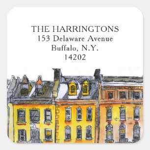Elegant Brownstone Row Houses Hand-Drawn Address Square Sticker