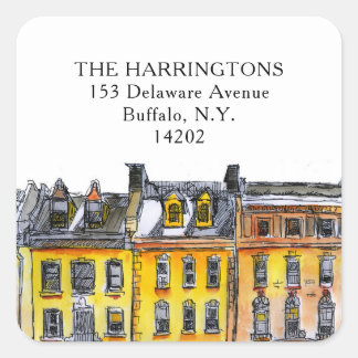 Elegant Brownstone Row Houses Hand-Drawn Address Square Sticker