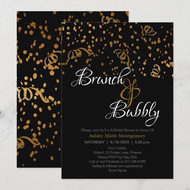 Elegant Brunch Bubbly Bridal Shower Gold Confetti Invitation (Front/Back)