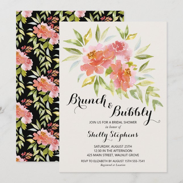 Elégant Brunch et bulle Floral Shower Invitation (Devant / Derrière)