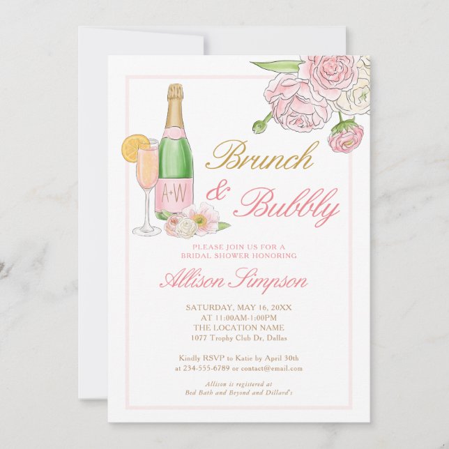 Élégant Brunch floral et Bubbly Invitation (Devant)