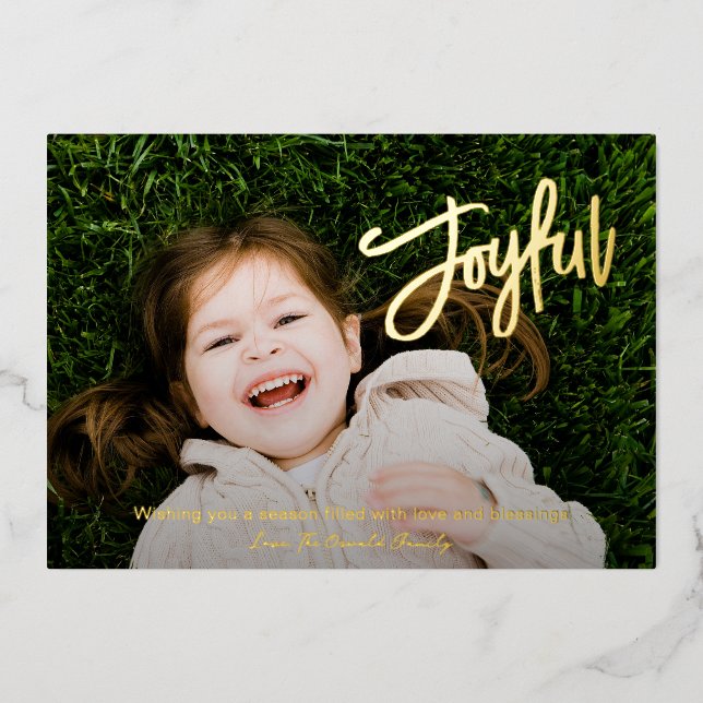 Elegant Brush Script Joyful Photo Modern Christmas Foil Holiday Card (Front)