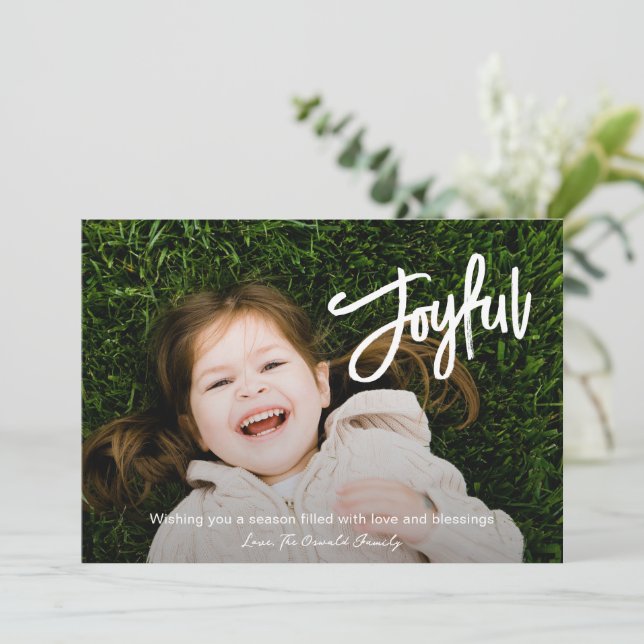 Elegant Brush Script Joyful Photo Modern Christmas Holiday Card (Standing Front)