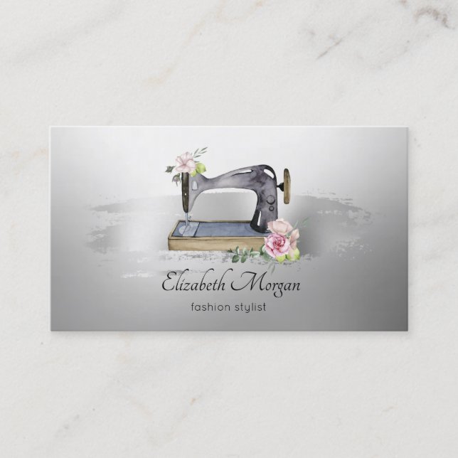 Elegant Brush Stroke Lotus Grey Sewing Machine Business Card (Front)