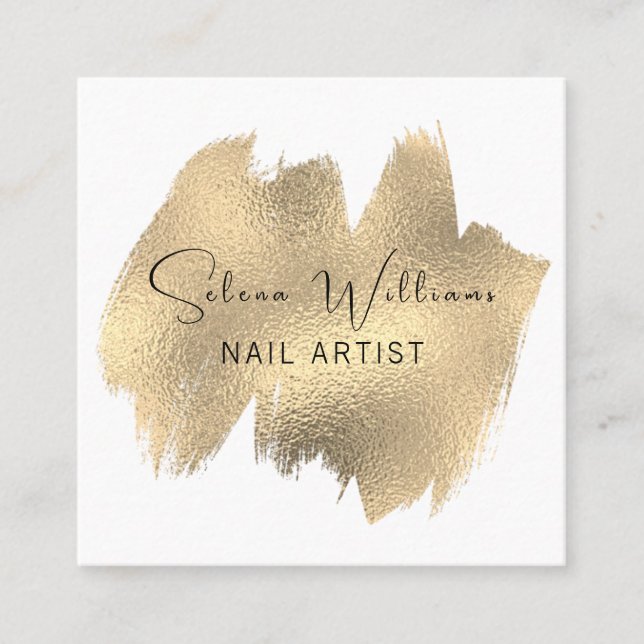 Elegant Brush Stroke White Gold Minimalist Square Business Card (Front)