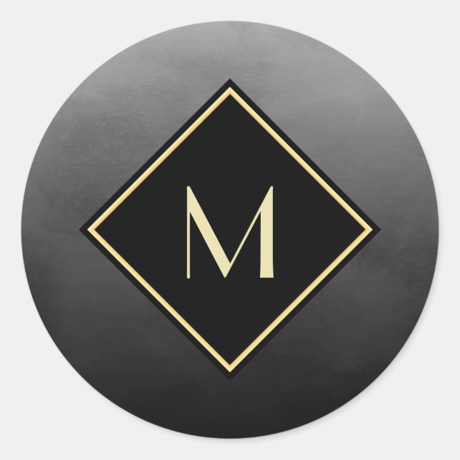 Elegant Brushed Black With Simple Gold Monogram Classic Round Sticker (Front)