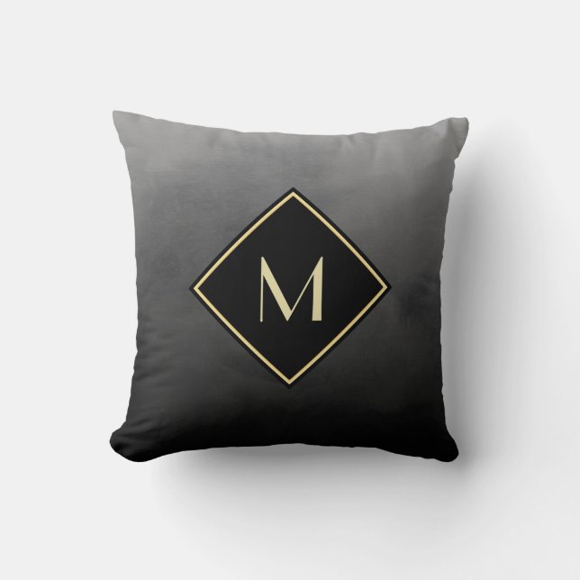 Elegant Brushed Black With Simple Gold Monogram Throw Pillow (Front)