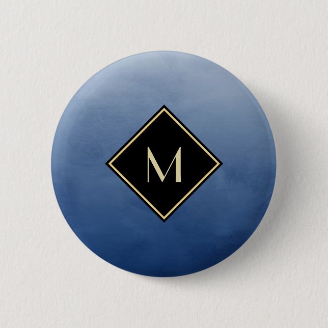 Elegant Brushed Blue With Simple Gold Monogram 2 Inch Round Button (Front)