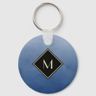Elegant Brushed Blue With Simple Gold Monogram Keychain