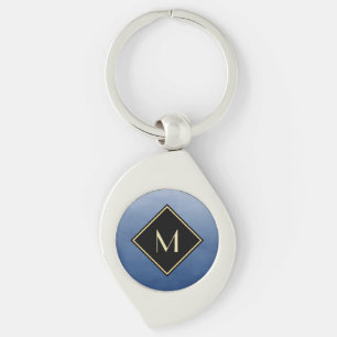 Elegant Brushed Blue With Simple Gold Monogram Keychain