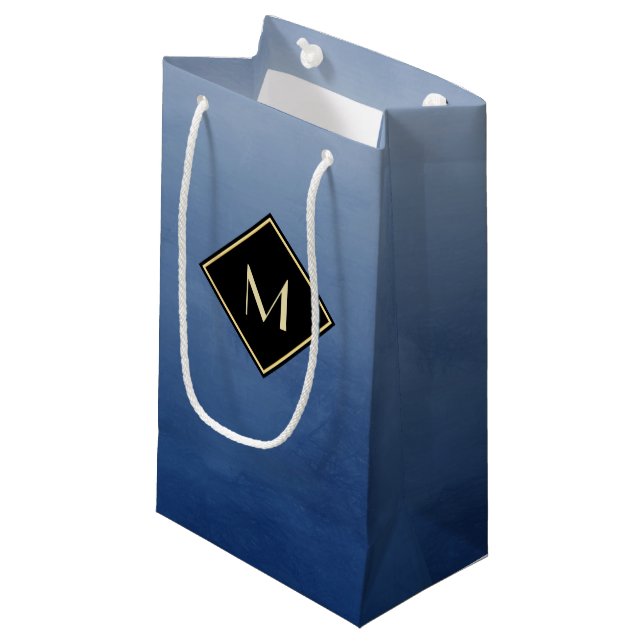 Elegant Brushed Blue With Simple Gold Monogram Small Gift Bag (Front Angled)