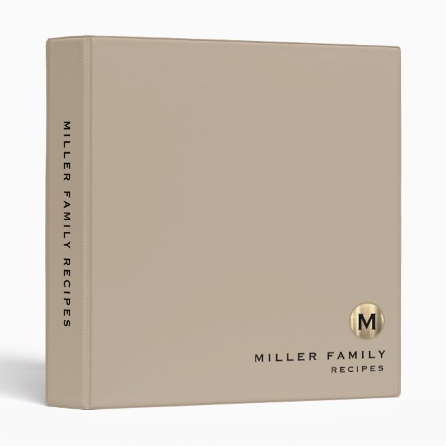 Elegant Brushed Gold Monogram Beige Family Recipe Binder (Front/Spine)