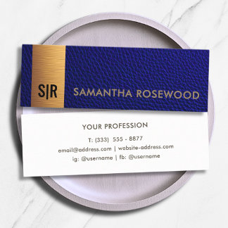 Elegant Brushed Gold Monogram Blue Leather Mini Business Card