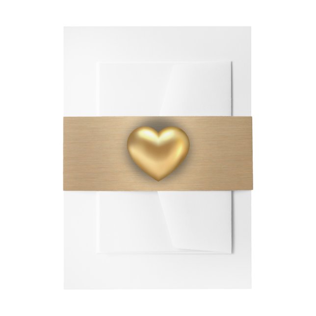 Elegant Brushed Gold with Gold Heart Wedding Invitation Belly Band (Front Example)