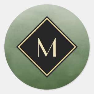 Elegant Brushed Green With Simple Gold Monogram Classic Round Sticker