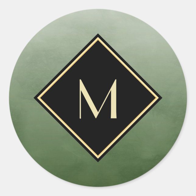 Elegant Brushed Green With Simple Gold Monogram Classic Round Sticker (Front)