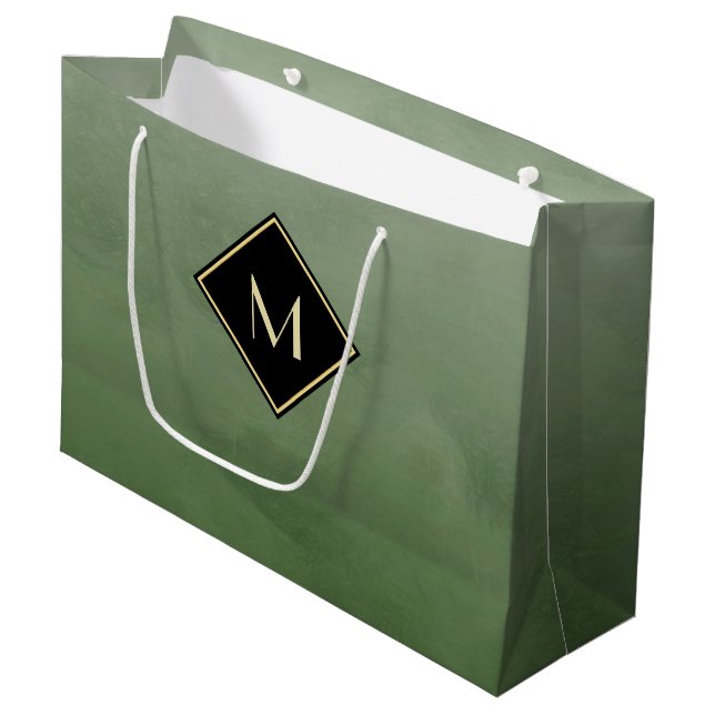 Elegant Brushed Green With Simple Gold Monogram Large Gift Bag (Front Angled)