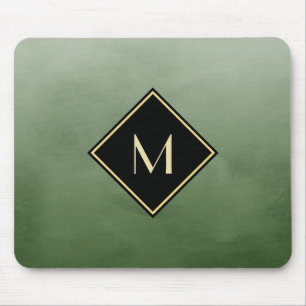 Elegant Brushed Green With Simple Gold Monogram Mouse Pad