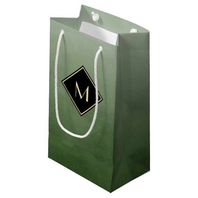 Elegant Brushed Green With Simple Gold Monogram Small Gift Bag (Front Angled)