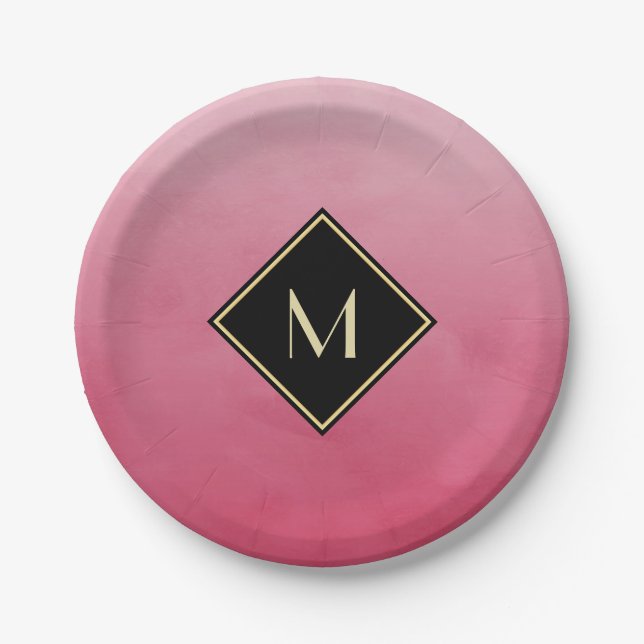 Elegant Brushed Pink With Simple Gold Monogram Paper Plate (Front)