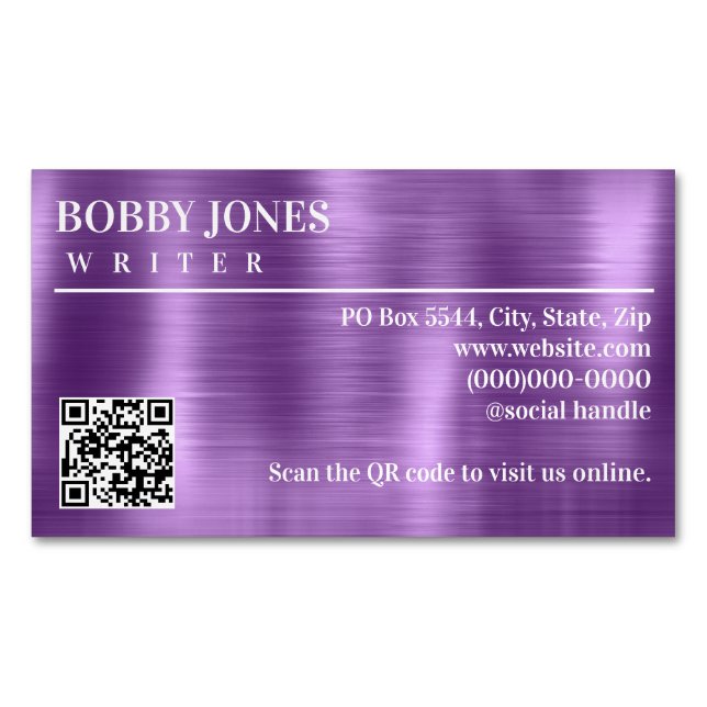 Elegant Brushed Purple Foil Metallic QR Code Magnetic Business Card (Front)
