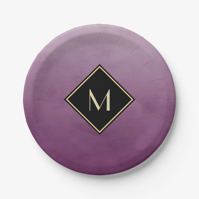 Elegant Brushed Purple With Simple Gold Monogram Paper Plate (Front)