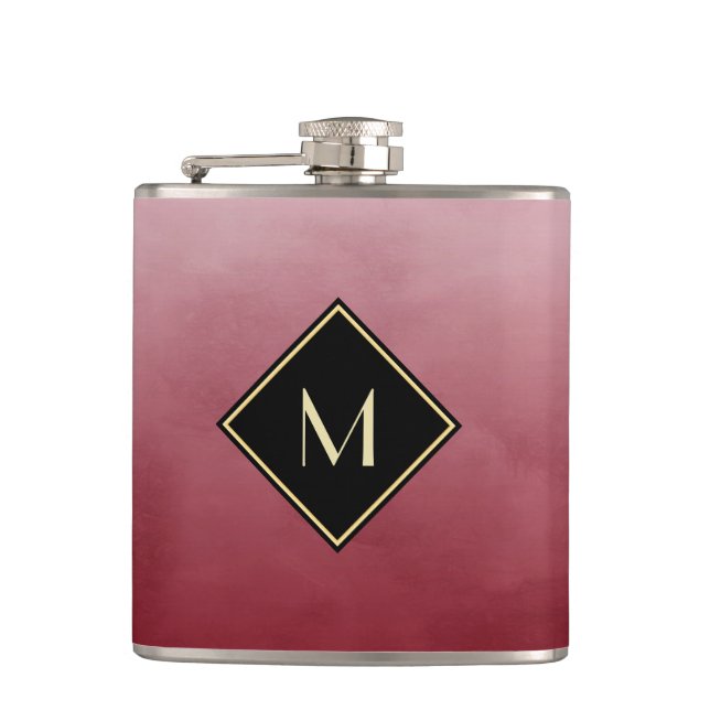 Elegant Brushed Red With Simple Gold Monogram Hip Flask (Front)