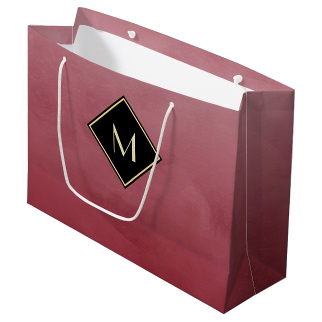 Elegant Brushed Red With Simple Gold Monogram Large Gift Bag (Front Angled)