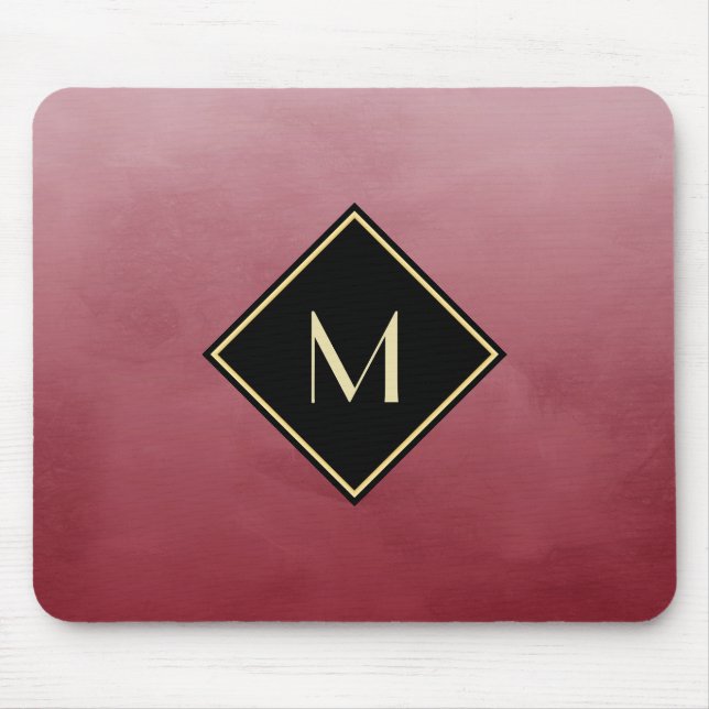 Elegant Brushed Red With Simple Gold Monogram Mouse Pad (Front)