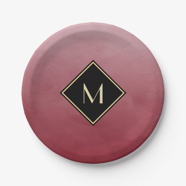 Elegant Brushed Red With Simple Gold Monogram Paper Plate (Front)