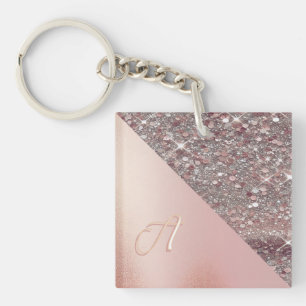 Elegant Brushed Rose Gold Foil & Glitter Monogram Keychain