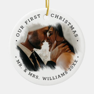 Elegant Brushstroke Overlay Photo Mr. & Mrs. Ceramic Ornament