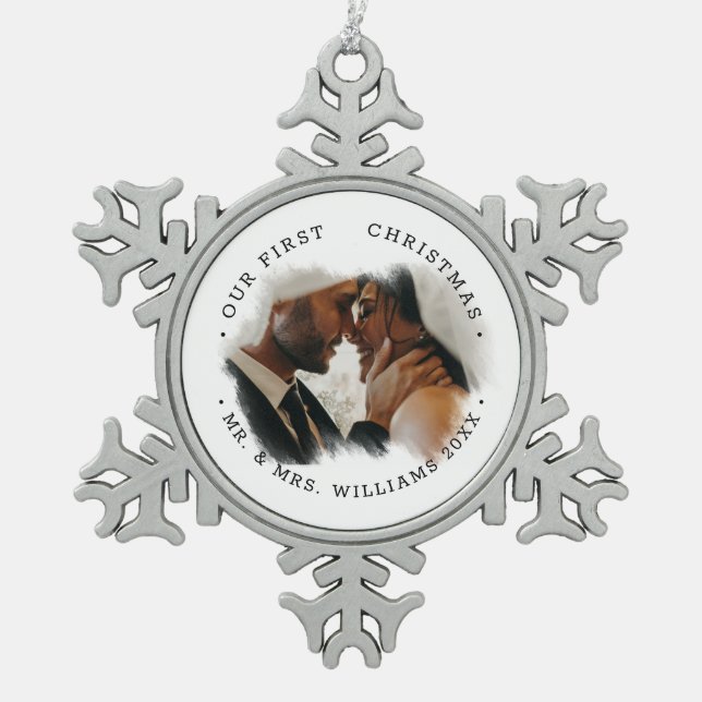 Elegant Brushstroke Overlay Photo | Mr. & Mrs.  Snowflake Pewter Christmas Ornament (Front)