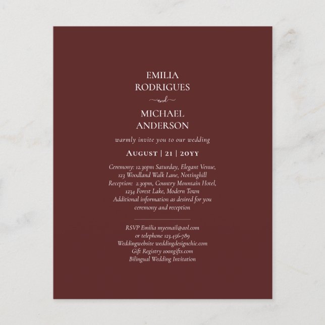 Elegant Budget Bilingual Burgundy Wedding Spanish  Flyer (Front)