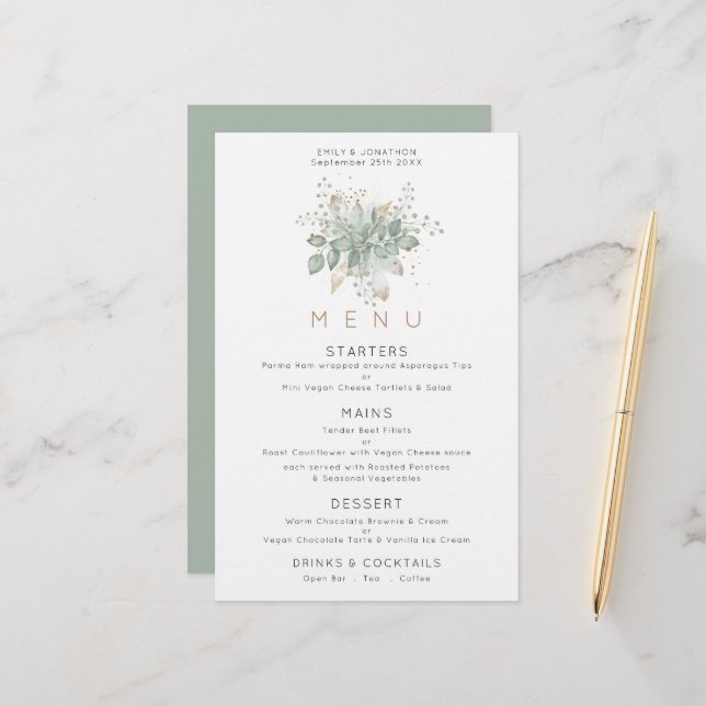 Elégant budget Eucalyptus Feuille Green Gold Menu (Devant/Arrière en situation)