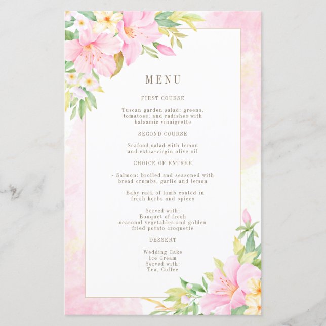 Elégant budget Floral Aquarelle Pink Mariage Menu (Devant)