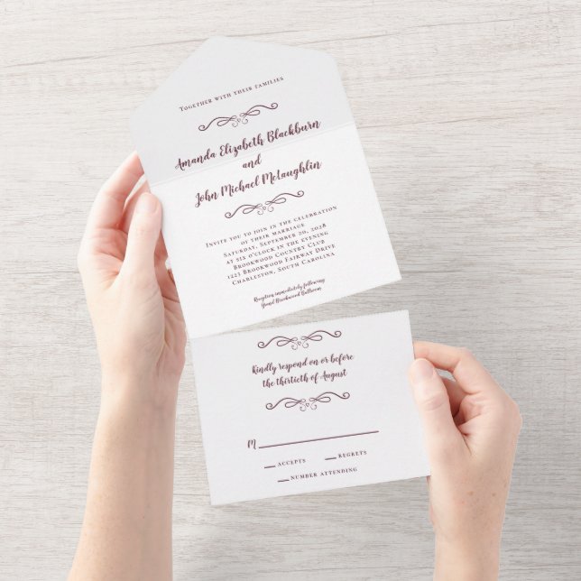Elegant Budget Formal Burgundy White Wedding Chic  All In One Invitation (Tearaway)