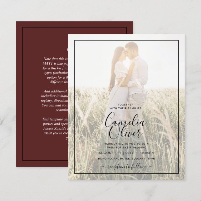 Elegant Budget PHOTO Overlay Burgundy Wedding Chic (Front/Back)
