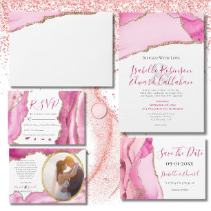 Elegant Budget Pink & Gold Agate Stone Wedding  Invitation