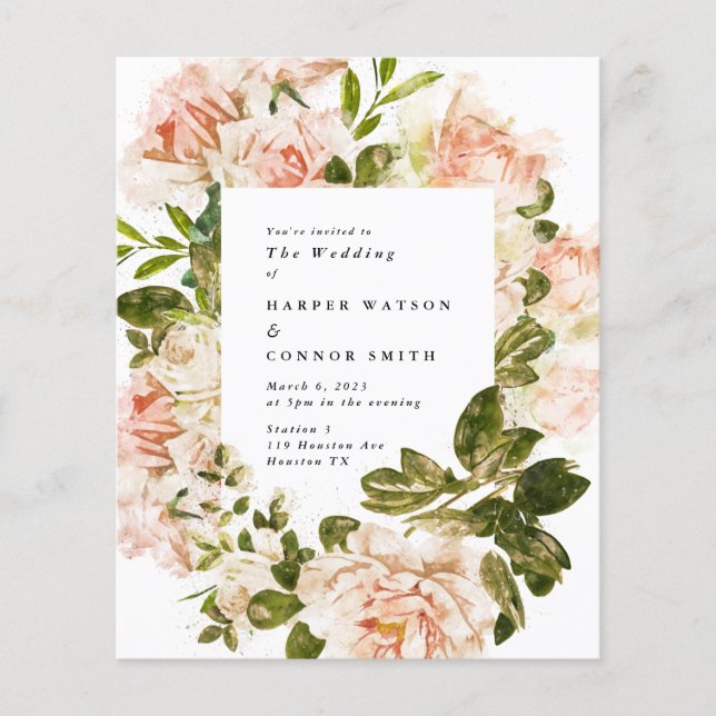 Elegant Budget Rose Romance Watercolor Wedding Flyer (Front)