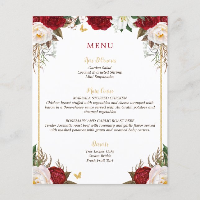Elégant budget Rouge Floral Quinceañera Menu (Devant)